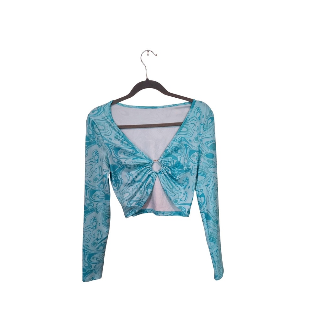 SHEIN Euphoria Blue Marble Swirl O-Ring Long Sleeve Crop Top Y2K Festival Size S